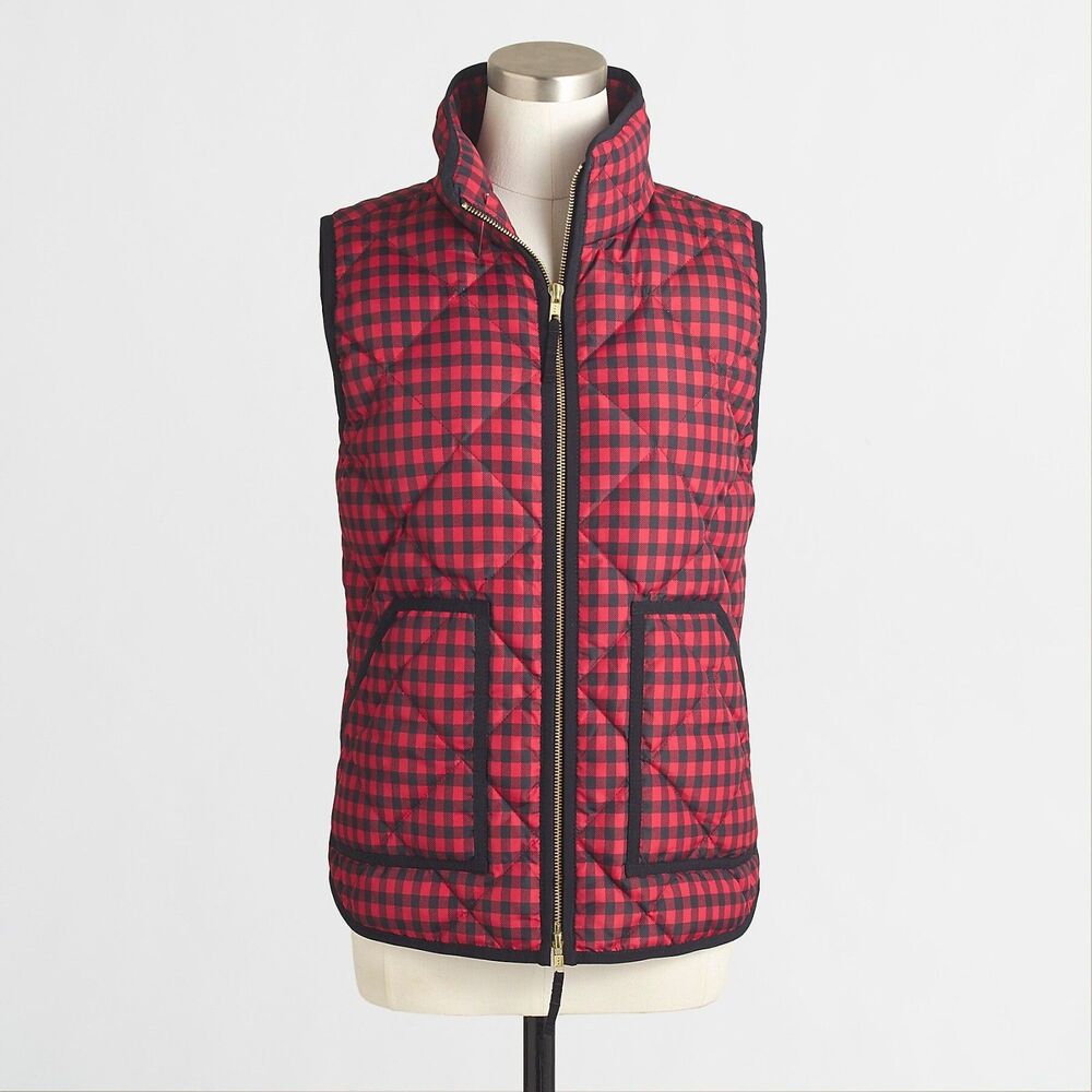 J Crew Women's Small Quilted Puffer Vest Down/Feather Filling Red Black Gingham
